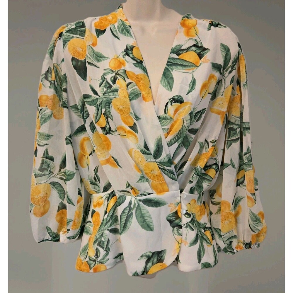 Eva Mendes NY&CO Citrus Fruit Print Wrap Balloon Sleeve Blouse Euro Summer Sz M